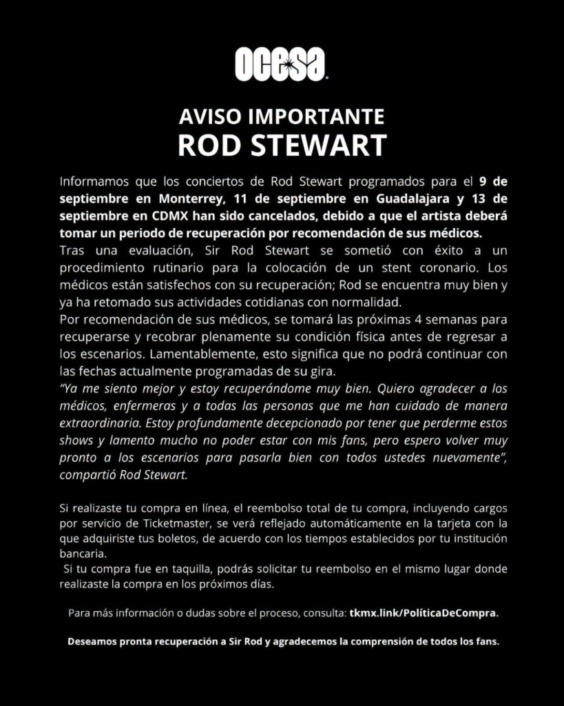Rod Stewart cancela gira en México 